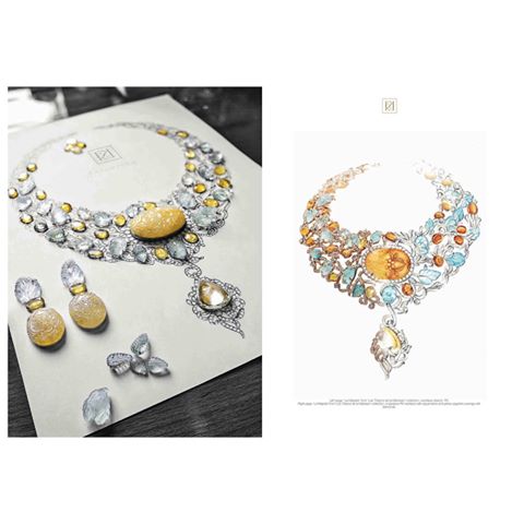 Witness how fantasies wrought in ink and watercolours turn to glittering metal and gemstones in ‘Farah Khan - A Bejewelled Life’ by @farahkhanali 
Seen in this page from the coffee table book is the sketch that inspired this regal neckpiece, crafted with carved aquamarines and yellow sapphires, and diamonds. This piece ‘La Majesté’ is from our ‘Les Trésors de la Maharani’ collection
#ABejewelledLife #FarahKhan #RoyalFlair #FarahKhanFineJewellery #Aquamarines #YellowSaphires #Diamonds