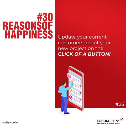 Keep your customers up to date about the advancements in the new project just by a click!
#30ReasonsOfHappiness
Visit realtyx.co.in for more!
#RealtyX #RealEstate #Customers #Referrals #Realtors #Developers#RealTime #PropTech #Property #Leads #Benefit
#App #RealTimeUpdate