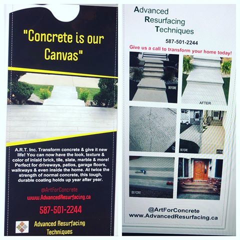 New door hanger business flyers!
Couldn’t wait to take a better pic when they actually come in the mail 🤓 •
•
•
•
Advanced Resurfacing Techniques inc.
@ArtForConcrete (587)501-2244
Upgrade your: Driveways, Porches, Countertops, fix cracks, or simply enhance your property to look richer & fancier! W/ a stronger material that can even mimic granite & wood designs!