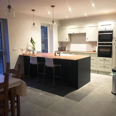 Evening light so not the best for a photo. We’re still waiting for the new worktop to complete the kitchen but love having all this space! #instahome #instahomes #mullanrenovations #renovation #liveinrenovation #homesunderthehammer #property #propertydevelopment #1930s #detached #house #interiordesign #design #home #construction #interior #diy #remodeling #instagood  #homerenovation #building #modern #homedesign #homeimprovement #homes #renovationproject #kitchendesign #farrowandball #hagueblue #diykitchen