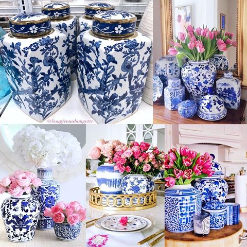 I absolutely love ginger jars! I wish they matched my decor and color scheme😞. I found 4 ginger jars with a gold trim on the lid @rossdressforless ( Top left picture). I wanted to give you guys ideas on how to decorate with these jars/vases using beautiful pink flowers. I love how the pink really makes the blue pop! Photos are from #pinterest 🌸💙🌸💙 | Get the look for less with @bougieonabougette | |  #designonabudget #bougieonabudget #hgtv #bougieonabougette #worldmarket #homegoods #rossfinds #livingroomdecor #livingroom #livingroomdesign #livingroomideas #livingroominspo #livingroomstyle #spring #spring2019 #livingroominterior #bedroomdecor #bedroomgoals #bedroominspo #bedroom #bedroomideas #spring #bedroomdesign #homedecor #designonadime #interiordesign #bargainshopper