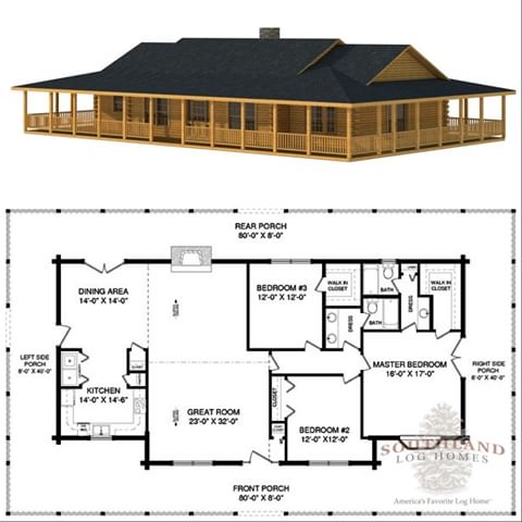 Happy #FloorPlanFriday!! Meet the Monroe. This 2,000 square foot ranch-style log home is perfect for those of you looking for a one-story dream  home. Its wrap-around porch provide views from every angle, and the log cabin charm you love. 
Inside you'll find a wide-open great room featuring a vaulted ceiling and a fireplace across from the entrance. The gourmet kitchen had plenty of counter space for the chef in your life, and the open dining area means conversation can keep flowing whether you're preparing meals or relaxing with the family. 
The generous master bedroom comes with a large walk-in closet and private bathroom. The second and third bedroom share the hall bathroom and are nestled away from the rest of the home. 
Dream homes come in all shapes and sizes. Is this your dream home?