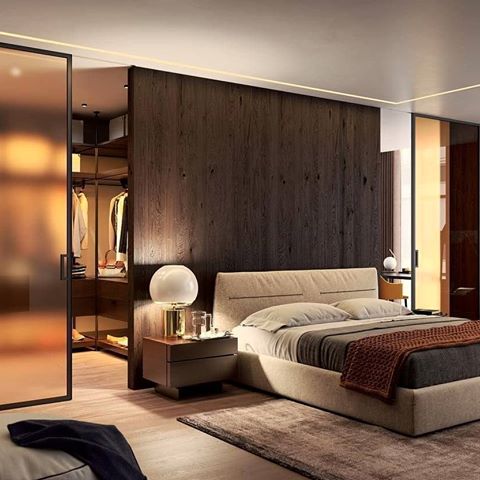 Moody.
#room #bedroom #neutral #modern #sophisticated #somber #wood #loft #apartment #inspiration #large #windows  #lights #carpet #luxury #pedastel #headboard #ideas #door #system #closet #cupboard #idea
Credit: @j.a.p.door_systems