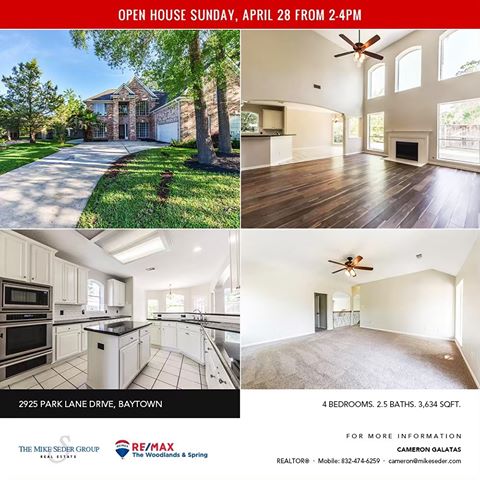 Open House Sunday, April 28 from 2-4PM! Hosted by Cameron Galatas
2925 Park Lane Drive, Baytown
4 Bedrooms. 2.5 Bathrooms. 3,634 SQFT.
Come and tour this best of Baytown! Look no further! Newly remodeled with amazing updates: New roof, new A/C units, recent interior and exterior paint, new carpet and laminate wood flooring, replaced light fixtures and door knobs, added granite counter tops, new appliances, Hardi Plank and more! Soaring ceilings, detailed trim work, art niches, built-ins and abundant windows provide natural light throughout the home. Open concept island kitchen with subway tile backsplash, breakfast bar and plenty of sparkling white cabinets overlooks sunny breakfast room and den. Master retreat down; three bedrooms and game room up. Extra room could be a study/exercise room/hobby room. Two car attached garage. Fenced yard with patio has room to play!