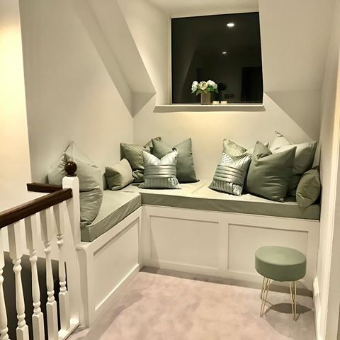 I loved this feature of the house that has a cosy upstairs seating area. We added front panelling for a traditional yet contemporary feel. The seating cushions were made to measure and I upholstered them myself. I chose this lovely green to complement the greys around the house.. 💚 #dream_interiors #homedecor #homedesign #homestyle #homeinspo #interiordesign #interiorforinspo #interiorinspo #interiorlovers #interiorstyling #interiorideas