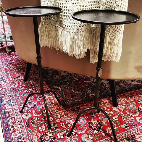 A perfect pair of metal martini 🍸 tables. .
.
.
.
.
#savannahga #savannah #martinitable #cocktailtable #metalfurniture #metaltable #industrialdecor #industrialfurniture #vintagestyle #midcenturymodern #modernhome #persianrug #vintagerug #uniquedecor #whattodoinsav #whattodoinsavannah #crochetblanket #vintagetextiles #velvetsofa #brushedmetal #gcdhome #shopsavannah #visitsavannah #shopsmall #colorfullife #bohohome #bohemiandecor