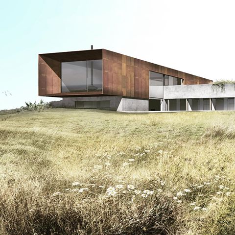 Our #donaldjudd #richardserra inspired design for a house on #jersey A Corten “telescope” facing west cantilevers over a lower volume recessed into the ground. #archilover #archidaily #contemporaryarchitecture  #modernarchitecture #instaarchitecture #modern #contemporary #stromarchitects #corten #wip #newproject