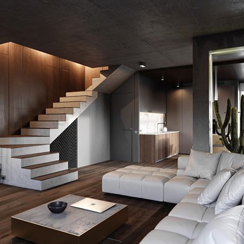 Swipe left! What do you think?
The Gorbovichi apartment is a 110 sqm. contemporary home embracing modern refined elements. The apartment displays a raw luxurious atmosphere created by the combination of wood and concrete floors, walls, and ceilings. It is designed and visualized by @m4_kildinov and is expected to be located in #Kyiv #Ukraine 
#restlessarch