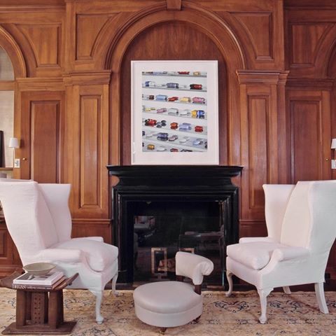 Back in 2010, I designed this cozy corner by the fireplace for @kbshowhouse with my wing chairs. ⁣I applied silver leaf to the backs of the bookcases. ⁣⠀