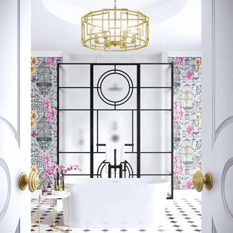 A graphic Crittall-style backdrop adds some mid-century glam to this vibrant #bathroom. Do you love it? Inspiration via @cphartbathrooms 🛀 #mykbbark #interiorstylist #interiordesigner #kitchenstyling #decorcrushing #interiordesign #interiors #interiorinspiration #interiordecorating #finditstyleit #lovelysquares