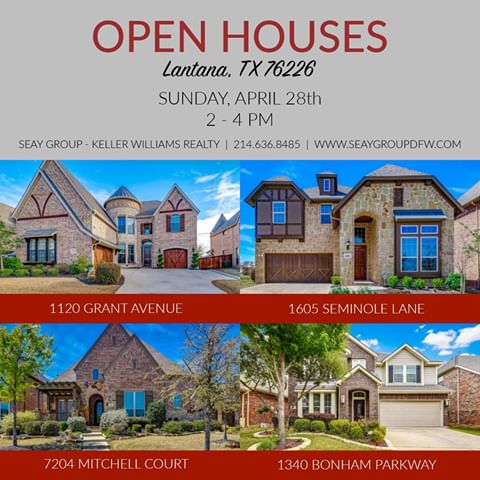 {#OpenHouse} Seay Group - Keller Williams will have 4 gorgeous homes open for tour TODAY from 2 - 4 PM. 
1120 Grant Avenue- Isabel Community
1340 Bonham Parkway- Larkspur Community
1605 Seminole Lane- Garner Community
7204 Mitchell Court- Madison Community 🏡 There's a stunning home here waiting for you! For more information: ☎️ 214.636.8485 or find us at http://bit.ly/LantanaLife or 👆 link in the bio
#RealEstate #LantanaTXRealtor #LantanaTX #ArgyleTX #DentonTX #OnTheMarket #HomeForSale #GolfCourseCommunity #ForSale #HouseHunting #Home #dentonisd #guyerhs #dreamhome #luxuryhome #golfcoursecommunity #golf