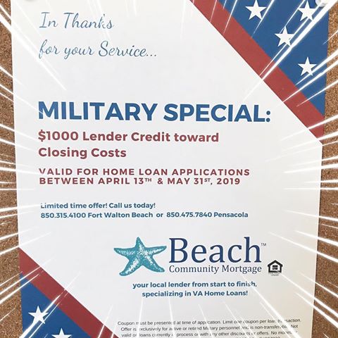 So check this out! Beach Community Mortgage is showing their appreciation to our active duty and retired military by offering $1,000 toward the buyers closing costs if you get a VA loan between now and the end of May! Who wants to buy a house? #realtorwiththehat #emeraldcoast #fortwaltonbeach #fwb #850strong #youshouldlivehere #realestate #realtorlife #realtor #mrp #militaryrelocationprofessional