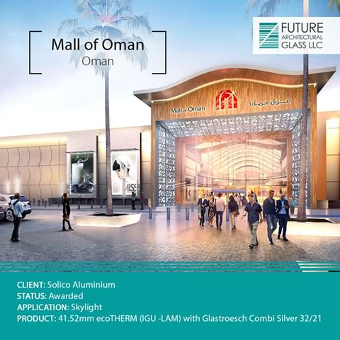 We are proudly associated with another awarded project The mall of Oman. The mall will feature 350 outlets in a 137000 square meters retail space, as well as an 8000 square meters, play area making it Oman’s flagship destination for retail, leisure, and entertainment. #FutureGlass #Project
Client: Solico Aluminium
Status: Awarded 
Product: 41.52mm ecoTHERM (IGU -LAM) with Glastroesch Combi Silver 32/21
#Client #TheMallOfOman #Oman #Architecture #Facade #ModernInfrastructure
#Glass #infrastructures #FacadeLovers #facades #Dubai #Oman #Mall #archilovers #architect