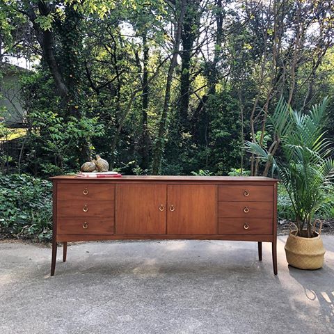 Hope y’all had a great weekend! 🌞We had such a wonderful time celebrating the love of our brother Charlie and his bride 💖
We’re back at it with a gorgeous sideboard! This one is made by William Lawrence of Nottingham and is one of the nicest pieces I’ve laid eyes on. It’s so well made and the scent of the wood has me all 😍 Featuring original circular, brass pulls, long legs & a slight bow to the top piece of wood, this sideboard is a rare beauty. Keep an eye out for video in our stories! DM with any questions, to view or to claim! 🦆$1295 
72 1/2"L X 18 1/2"W X 31 1/4"H