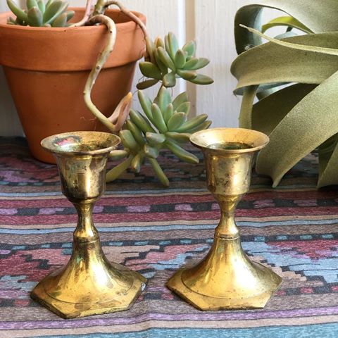 Vintage Octagon Bottom Solid Pair of Brass Candle Holders. They look great on display in every style of home. They make beautiful wedding decor. I’ll be posting a lot of pairs today. Let me know if you’d like to combine them...I’ll discount. I didn’t polish these, I’ve learned my lesson and know that most prefer tarnished brass. Both: 2 7/8”. Bottoms: 1 7/8”. $10 for the pair plus postage.