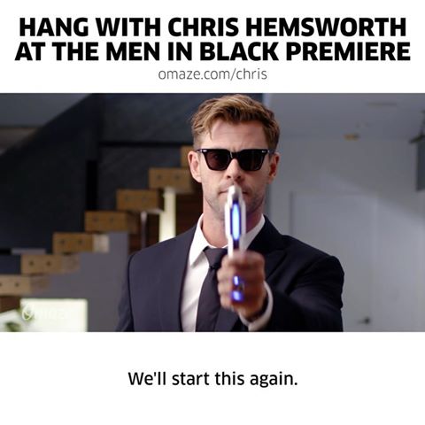 Care to join me at the @MenInBlack: International premiere? (It might have taken me a few tries to get the invite right, but I promise I won’t neuralyze you when we actually hang out.) Support the awesome work of @auschildhood and ENTER through my bio link or at omaze.com/chris #onlyatomaze @omazeworld