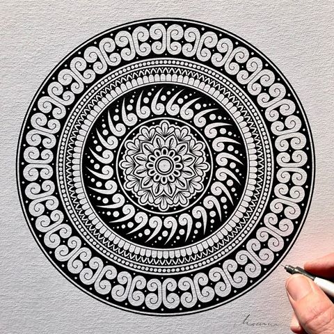 Finishing this A3 #mandala with a dot. Nice to work up a bigger piece over the weekend. Fun to work up the koru again too. #watercolorpaper