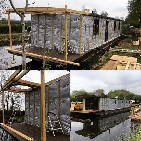 Boathouse all wrapped up and battened (nearly) and ready for cladding. @smallwoodtreehouses #workingoutdoors #canal #houseboat #nottingham #renovation