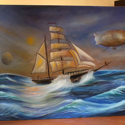 The trip #oiloncanvas #sea #ocean #waves #sailing #boat #dirigibile #travel #journey #discovery #blu #clouds #painting #artoftheday #artoftheweek #nave #veliero #mare