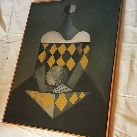 Framed and ready to go to a new home.. The Mother of Moon by Denver Sorrell .
#art #paintings #gallery #artist #exhibition #figurative #portrait #interiors #harlequin #interiordesign #show #modernart #contemporaryart #midcenturymodern  #abstractart #moon #colour #vintage #london #studio #seatedfigure #denversorrell #artist #pallet #instaartist #canvaspainting #denversorrell #magicien #vintage #frame #newpainting #modernist #kunst