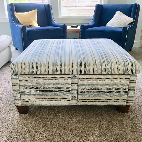 Did somebody say free?! Check out what this free, broken and sad ottoman looked like before in my insta-story!  Only cost about $30 in fabric and extra cushion from @joann_stores and about three hours of my time and one very sore wrist!  #diyhomedecor #freefurniture #reupholstery #icanfixit #interiordesigner #budgethomedecor #iloveblue #interiordesignmom #reuse #momlife #lifewithkids #joannfabrics #bhghome