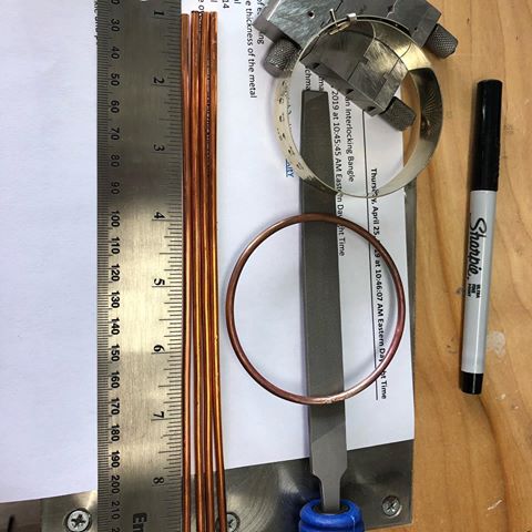 Testing out my formula for a Russian Wedding Band BANGLE with 5 rings using 3.2mm round copper wire.  The difficulty in this is calculating the length of each bangle to allow for the overlap while not changing the inside diameter of the overall 5 bangle bracelet.