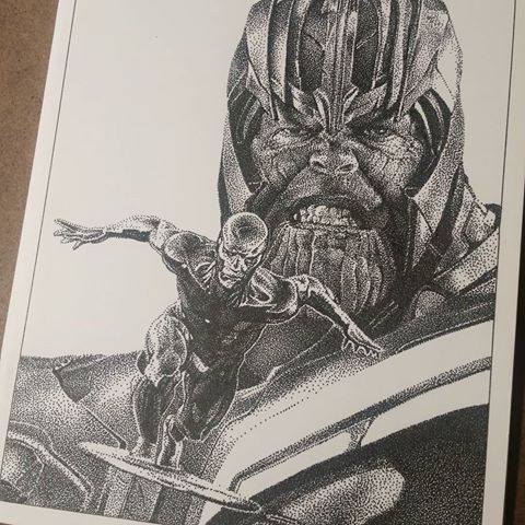 .
almost done, last progress pic.
impromptu poll, should I leave the background space white or fill it in black?
current eBay auctions link in profile
DM me or email bentemples1972@yahoo.com for a commission quote.
#art #blackandwhite #penandink  #originalart #comicart #sketch #portrait #comics #comicbooks #blankcomic #silversurfer #thanos #avengers #endgame #blankcover #coverart #drawing #artist #sketchcover #marvel #marvelcomics #illustration #instaart #fanart #igart #instaartist #stipple #pointillism #wip #workinprogress