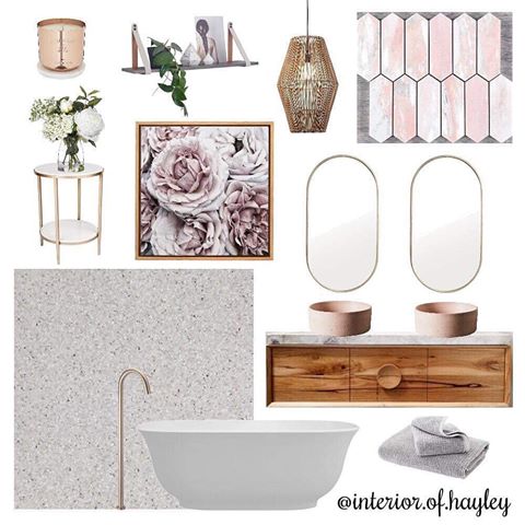 🌸FLORAL FRIDAY🌸 Today’s moodboard is inspired by the beautiful floral print from @zanui 🌸 A contemporary and luxurious mix of  rose gold fixtures, reclaimed oak and  terrazzo textures. To bring this ensuite design all together, a feature wall of mosaic blush pink natural stone - heavenly!💗 •
•
•
•
•
•
•
•
#interiordesign #interiors #interiordecorating #interiordesignstudio #interiorlovers #interior4you #blushpink #designinspo #designstudio #interior #interiorstyling #rosegold #designer #home #homedecor #nationaltiles #flowers #instahome #decor #house #furniture #homeideas #homeinspo #inspiration #interiordesigner #interior #terrazzo #floralfriday #tiles #bathroomdesign