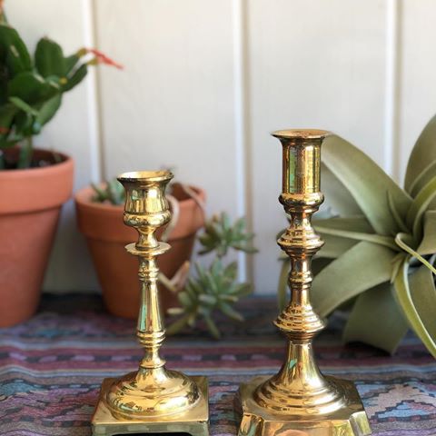 Timeless Mismatched Pair of Brass Candle Holders. They look great on display in every style of home. They make beautiful wedding decor. I’ll be posting a lot of pairs today. Let me know if you’d like to combine them...I’ll discount. Taller one is: 7”. Unmarked. Smaller: 6 1/8” made in England. $12 pair plus postage.