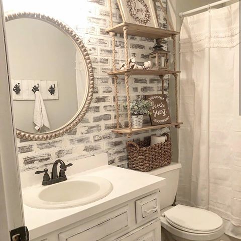 Hey yall!! Swipe to see the before of this bathroom!! I just adore this brick wall ! It looks perfect in this bathroom! This bathroom belongs to Danielle @distressedbowmannest . Y'all make sure to checkout her page! 😍
°
#farmhousebathroom #bathroomsofinstagram #farmhousedecor  #farmhouse  #joannagaines #fixerupper #bhghome #betterhomesandgardens #thatsgoodhousekeeping
#thecottagejournal
#homedecor #farmhousestyle #neutralhome #modernfarmhouse #farmhouseinspired
#springdecor #bathroomdecor
#magnolia  #hobbylobby #antiquefarmhouse
#hearthandhand
#smmakelifebeautiful
#michaels
#myhousebeautiful #southernliving #makehomeyours  #americanfarmhousestyle #lowes
#thedesigntwinslovespring