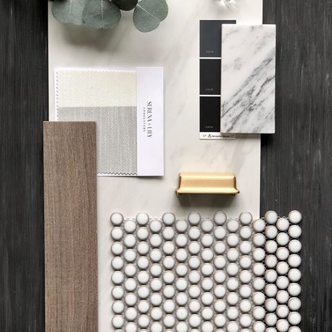 First up is this B E A U T of a mood board. This has all the fresh vibes and “classic” colors. Loving the brass hardware details while also inviting a wood element to give a “rustic” feel to the mix.  Also, this coin tile is the perfect amount of TEXTURE to complete the serene feel of this master bath👌🏻ahhhh... can you just smell that eucalyptus🌿 .
.
.
.
.