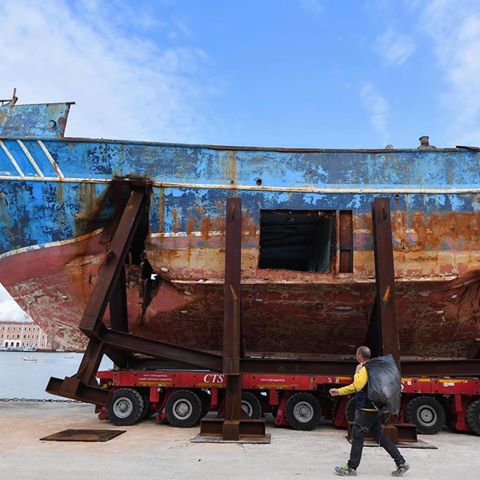 This boat is being displayed at the Venice Biennale exhibition as a reminder of one of the Mediterranean's most shocking tragedies. It is estimated that up to 1,100 people lost their lives when it sank four years ago between Libya and Italy. There were only 28 survivors. Artist Christoph Büchel is behind the project and plans to exhibit the boat as a “garden of memory” in the Sicilian town of Augusta. 
Photos: Mirco Toniolo/ AGF/REX/Shutterstock +
Tiziana Fabi/AFP/Getty Images +
Andrea Merola/EPA + David Levene/The Guardian