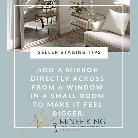 📢 Attention Sellers 📢 , here is a good staging tip for you to use when staging 🛋🛏 your home 🏡 to put it on the market. 
Open the blinds, if you have curtains make sure to open them, and use a large mirror to make your small rooms feel more larger and visually more spacious. 
If you would like more tips, call me ☎️ I would love to list your home and use my personal expertise to get your home ready to be SOLD! 😉
Your Trusted, Real Estate Consultant
Renee King 
NC & SC Residential & Commercial. . . .
🏘Broker | Realtor® . . . .
✒Notary Public
☎️704.323.9113
📧Listings@ReneeKingRealtor.com
IG: #luxuryhomeswithrenee
.
.
.
.
.
.
#interiordesign #stagingtosell #topproducer  #makingmoves #localexpertrealtor #realtormarketing #relocationspecialist #relocationservices #lessismore #spaceplanning #stagingsells #realtortips #sellyourhome #sellingrealestate #sellingahome #sellingskills #sellingwithsocial #sellingtips #sellingagent #marketing #charlotterealtor  #realtorlife #newhome #moving #relocate #yourfavoriterealtor #listings #designtips