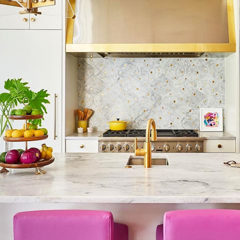 This stunning "astronomy" mosaic from @newravenna is installed in @theenglishroom’s kitchen renovation! Brass stars & studs sparkle ✨ from a pillowed Carrara marble background. We absolutely L💗VE this kitchen!
#Repost
• • • • •
#design #interiordesign #tile #marble #kitchen #kitchendesign #walltile #backsplash #marble 
#newravenna #tilelove #ihavethisthingwithtile #instahome #color
