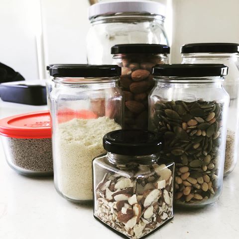 Sunday morning well spent. .
Cleaned out the pantry this morning. Ahh feels so good to have a fresh, tidy cupboard ☺️👌🏻
.
We store all our nuts and seeds in glass jars and buy in bulk from places like @thefieldwholefoods. 
Why?
Because plastics leech chemicals like BPA into your foods. These mimic estrogen in the body and wreak havoc with your hormones. .
So do yourself and the earth a favor, buy in bulk, store in glass and forget plastics.