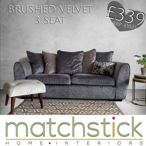 Highstreet brand sofas NOT EX DISPLAY SOFAS - BRAND NEW - AND £100’s cheaper than retail 😳🙌 Stunning steel grey scatter back - the SOFTEST brushed velvet😍 giving that super luxurious feel.  Perfect for those cosy nights in 💕💕💕
ONLY £339! 😱
 DIMENSIONS
3 seat: L:200 x D:91cm
Facebook.com/matchstickdesignsinteriors