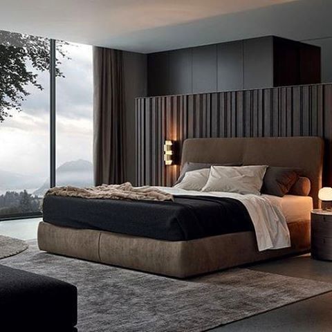 This room oozes sophistication  and perfection.  Wood pieces and large windows with dark walls and flooring is always a go to for a more masculine vibe. 
#room #bedroom #men #modern #masculine #somber #wood #loft #apartment #inspiration #large #windows  #lights #carpet #luxury #pedastel #headboard #ideas
Credit: www.designrulz.com