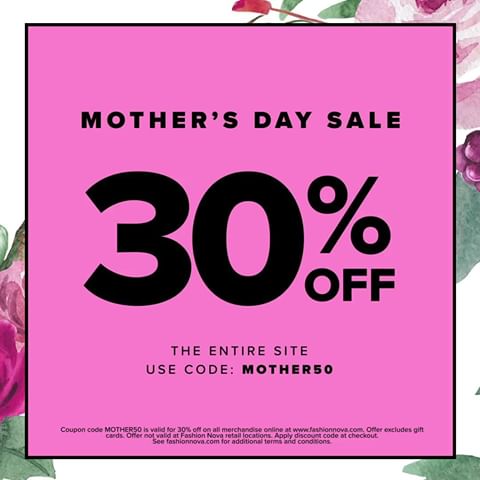 🚨MOTHER'S DAY SALE🚨⠀
👉 Use Code: "MOTHER50" For 30% Off The ENTIRE Site!⠀
✨www.FashionNova.com✨