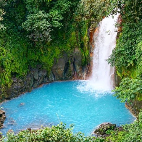 Rio Celeste, Tenorio Volcano National Park, Costa Rica 🇨🇷 🏞🌋 The waterfall is formed by two smaller rivers called the Buena Vista and Quebrada Agria - At the exact point where the two transparent rivers meet, the blue color starts. The point is known as El Teñidor, which means “The Dyer” in English 🇨🇷🇨🇷🇨🇷