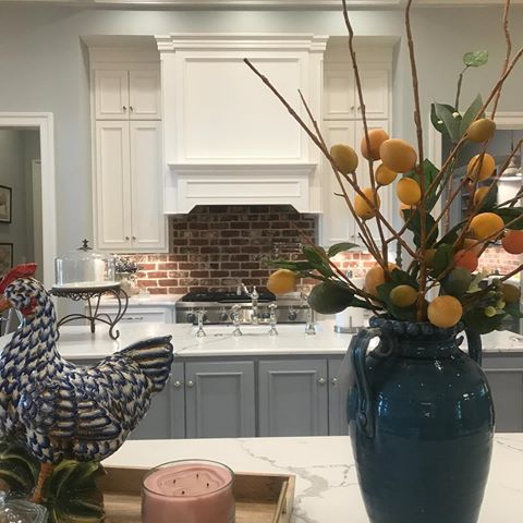 I've been working hard to get this gorgeous home complete.  It's coming together so well!  #tinlilydesign #tinlilyfabric #interiordesign #stagingaccessories #newconstruction #brick #blueandwhite #kitchen #kitchendecor #inprogress