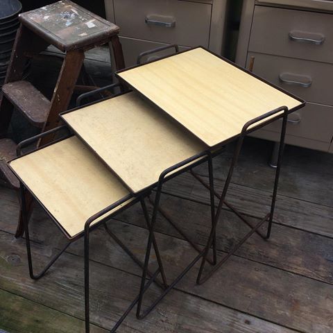 These flea market finds have us guessing. I'm fairly sure this set of nesting tables are mid-century pieces, but not 100% sure. Can any of our followers provide any insight? Thanks! #vintage #vintagetreasures #vintagelife #antique #rusty #rustygold #vintagemarket #vmosl  #homedecor #vintagedecor  #fleamarket #vintagedream #yardsales #midcentury #midcenturymodern