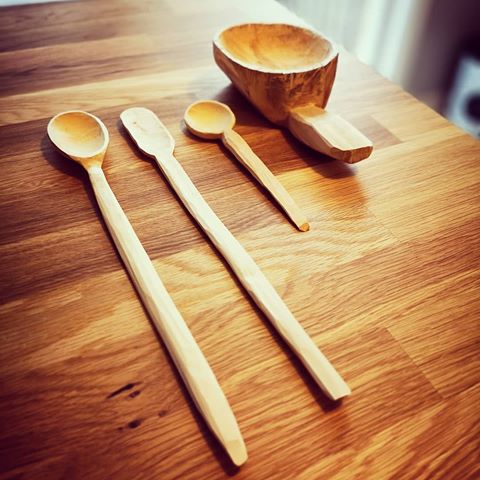 A few recent pieces. #spooncarving #wood #kuksa #opinel