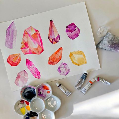 💎Rock obsession. I paint them, I climb them, I collect them. This painting was meant as a draft…just for messing around and getting in the groove. I find I return to crystals whenever I don’t know what to paint, and they just seem to flow from my brush to the page. Their precise yet flexible geometry and breadth of plausible colours is so inviting! Even though this was only supposed to be a draft, I think I’ll rework it into something more… stay tuned!
​​