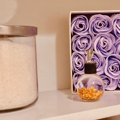 Bathroom luxuries 💜
🛀🏽 *i reused a candle jar and emptied it out (freeze the leftover wax overnight and it will come out much much easier!) and I’ve used it as a jar to hold my bath salts, candle jars are the best to reuse because they are often quite large and come with lids! Cost effective and multifunctional...All the more reason to buy candles 😉