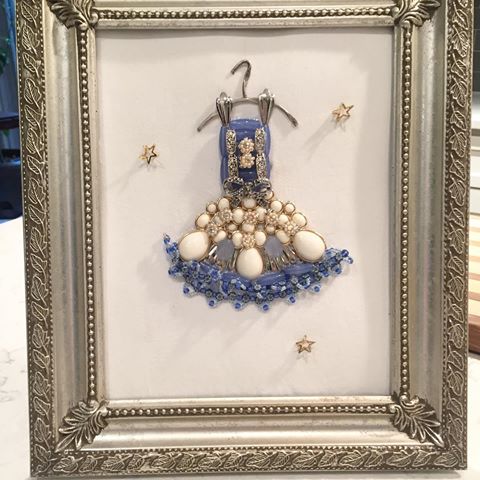 Little Girls Dress made with Vintage Jewelry#kidsdecor #homedecor #jewelry #vintage #art #artistsoninstagram #dress #framedart #framedjewelryart #giftideas