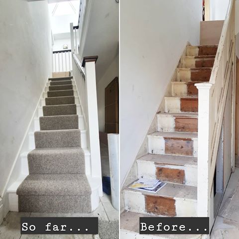 Staircase progress ❤️
.
Lots of TLC has gone into this transformation.. We have taken the boards out and replaced with spindles both upstairs and down
.
We then sanded down the original steps and posts and re painted and varnished. So happy we were able to keep these!
. 
Finally, added a carpet runner! 😊 Still some finishing bits to do but couldn't be happier with the progress so far!
.
.
.
#stairs #steps #hallway #staircase #carpetrunner #sand #varnish #tlc #renovation #makeover #transformation #interior #interiordesign #homesweethome #home #homerenovation #1930shome #1930shouse #reno #carpet #flooring #wool #undyed #woolcarpet #reinventing #originalcharacter #before #after #beforeandafter