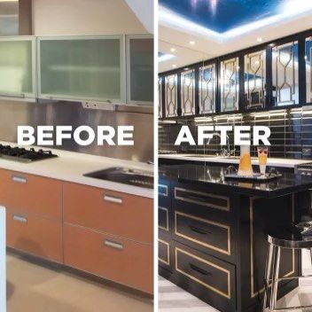 Our solution for this dark windowless kitchen was to take a jewel box approach. Mirror, gilt and rich jewel tones add a serious glam factor. Who needs a view when there is so much to look at?